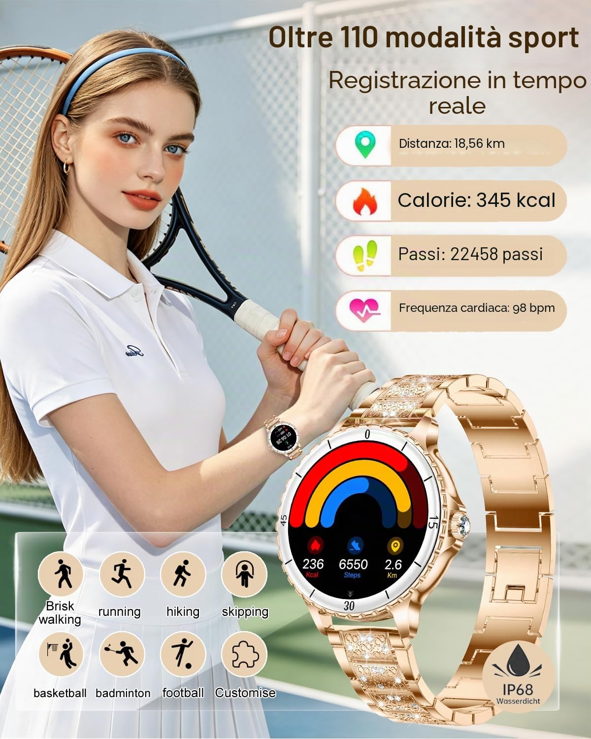 Smartwatch Donna Chiamate Bluetooth, 1.27" Orologio SmartWatch Rotondo con Cinturino di Diamante, Compatibile Android/iOS, IP68 Impermeabile Fitness Trackert con 120+ Sportive, Sonno, SpO2, Oro Rosa