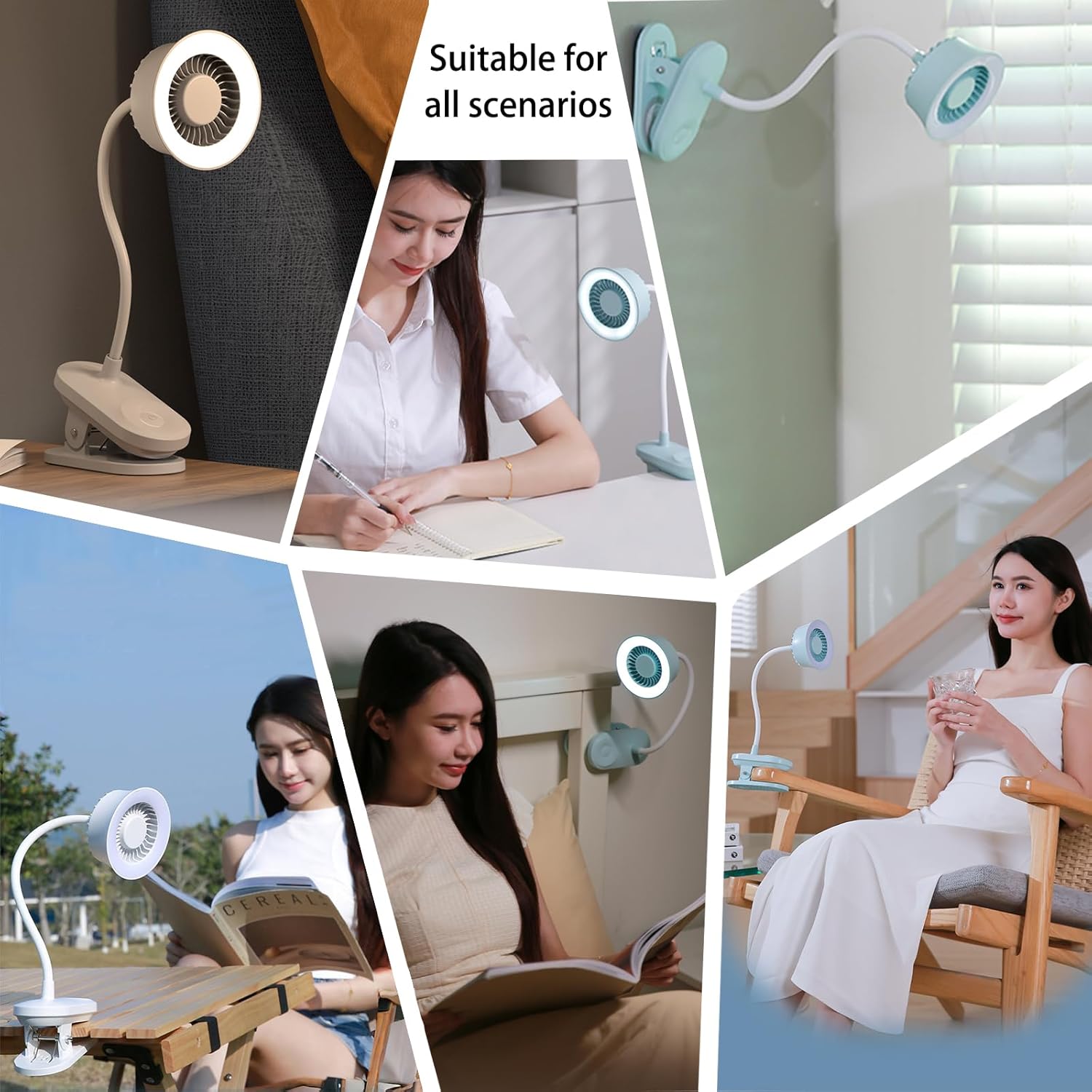 JINGYAN Clip Fan with Light, 3-Speed Desk Fan & Ring Lamp 2-in-1, 360°Flexible Hose, Touch Control – Space-Saving Clip/Table/Hanging Fan for Office, Bedroom, Kitchen（Three Colors Shipped Randomly）