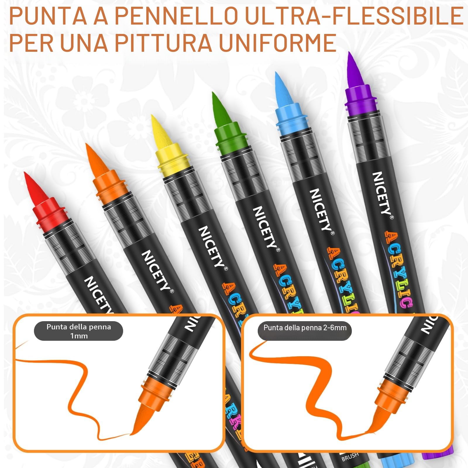 NICETY - Penne acriliche 180 colori - Pennarelli con punta pennello per pittura su pietra, legno, vetro, ceramica - Punta pennello 1-6mm, pennarelli acrilici a base d'acqua per adulti