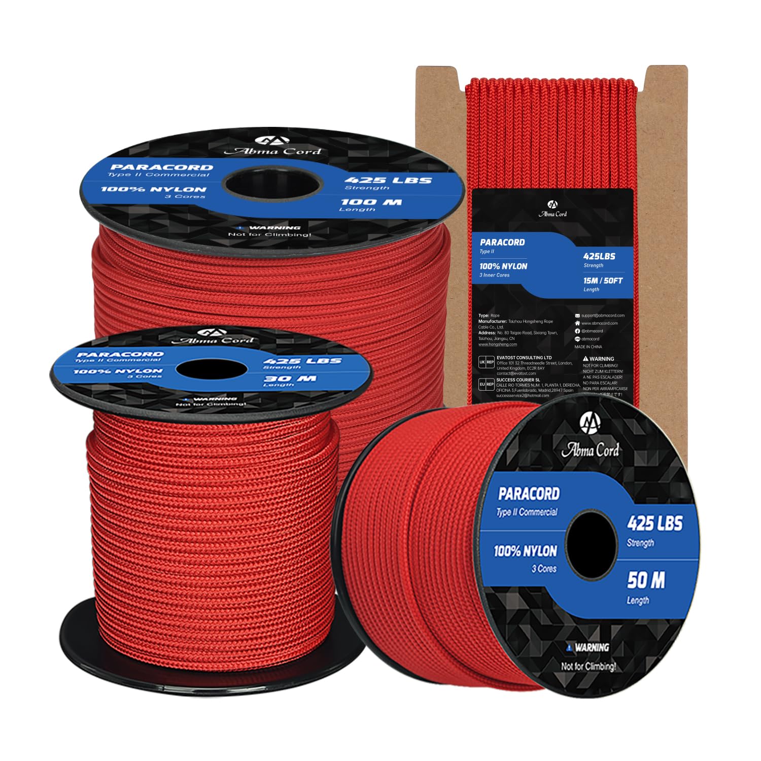 Abma Cord Paracord 3mm 15m 100% Nylon Rope Type II 3 Strands Parachute Cord - Max. 192kg (425lbs) - Red