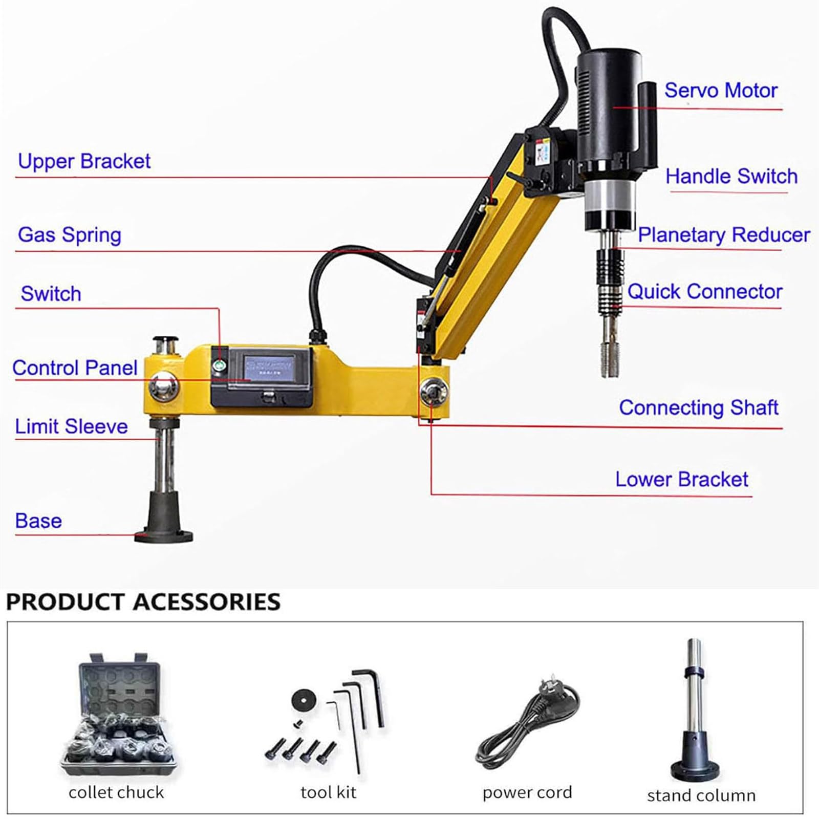 Máquinas Roscadoras Eléctricas 600W,Roscadora Neumática Aire Multidireccional 360°,Máquina Roscadora Perforación Brazo Flexible Universal Pinzas M3-M16,con 8 Pinzas,Radio Trabajo 1000Mm