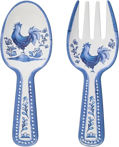 UP ware Blue Rooster - Servidores de ensalada de melamina, juego de utensilios para servir, incluye tenedor y cuchara para tirar ensalada, pasta,