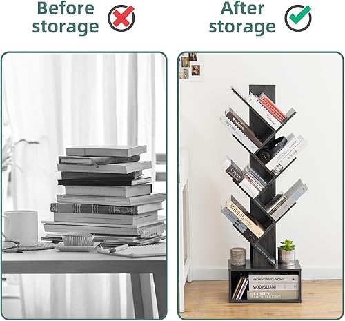 Miniatura 6 de Yoobure - Estantería de árbol de 6 estantes, estantería retro de pie, estante alto de madera para almacenamiento de libros para CDPelículas,