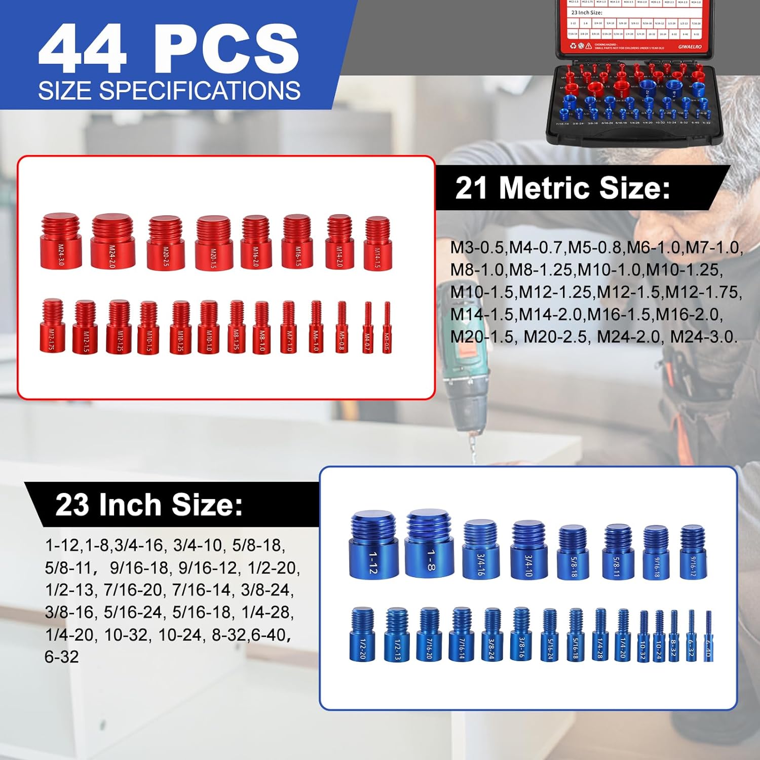 Giwaelro Nut and Bolt Thread Checker - 44 PCS Nut and Bolt Gauges Individually Housed in Case (23 Inch & 21 Metric) Specially Suitable for Size Check on Tricky and Narrow Area