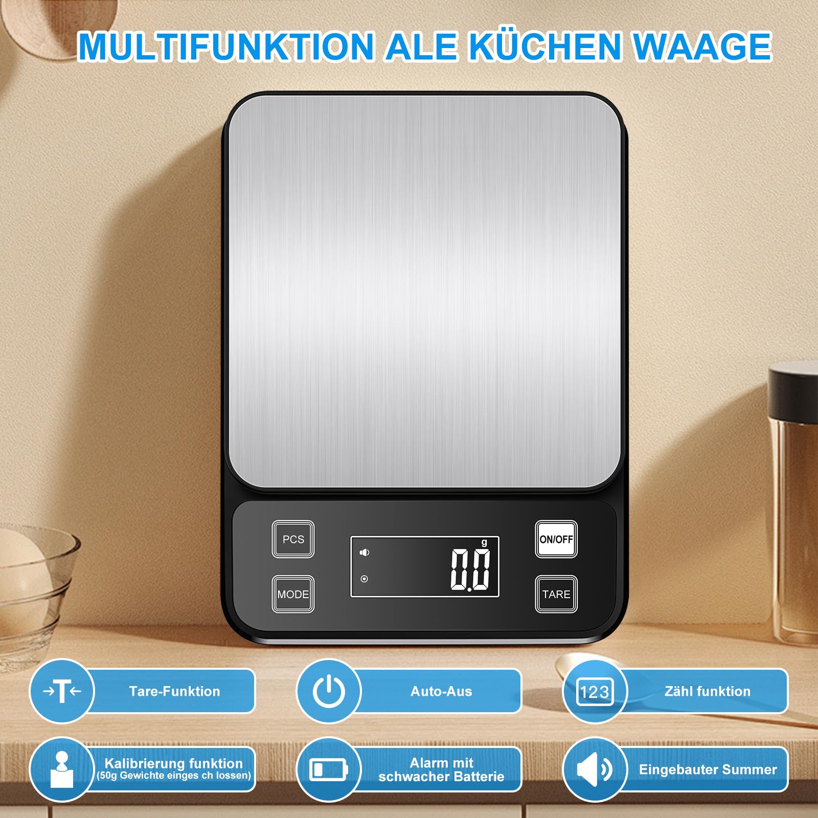 Diyife Wasserdicht IPX67 Küchenwaage 10KG, 0,1g Digitalwaage mit Großer Edelstahl Wiegefläche, Wiederaufladbar Lebensmittelwaage,10 Maßeinheiten, LCD-Display, Tara, Zählfunktion, Briefwaage Schwarz