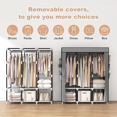 Miniatura 5 de VTRIN Armario portátil para colgar ropa con tapa, 3 varillas para colgar, 6 estantes de almacenamiento y bolsillo lateral, tubo de metal de 0.79