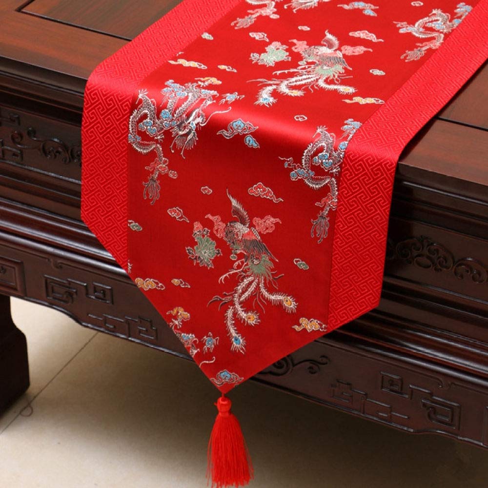 Chinese Red Satin Table Runners Embroidery with Tassels Table Flag Tea Table Runner Home Kitchen Dinning Wedding Table Decor,010,33x300cm