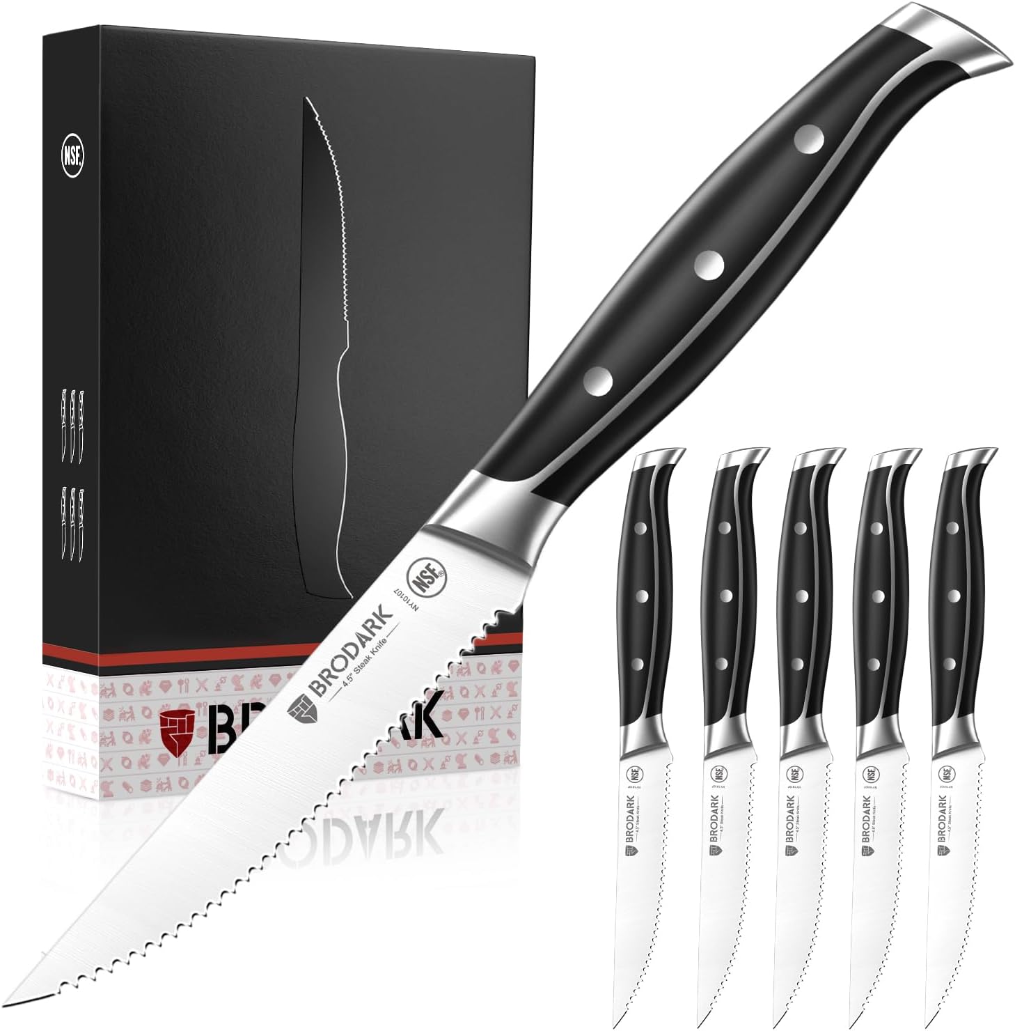 BRODARK Steak Knives Set of 6: 4.5 Inch Serrated Steak Knives with Full Tang Handle - High Carbon Stainless Steel Steak Knife Set - NSF Certified, Steel-King Series