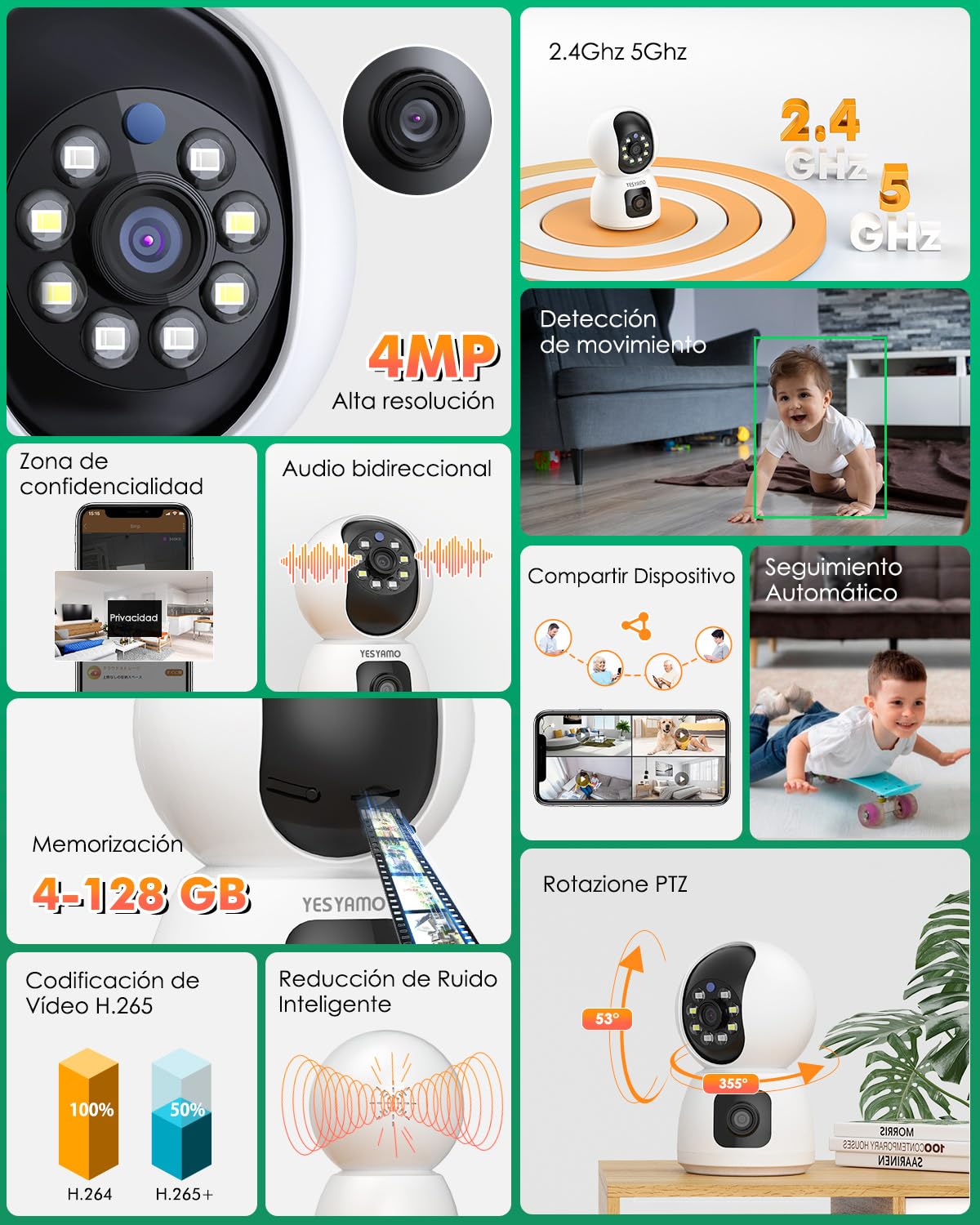 YESYAMO Cámara Vigilancia WiFi Interior 2.5K 4MP, Camaras Vigilancia Domicilio con 2.4G/5G WiFi 360° Cámara de Seguridad para bebé, Perro, Visión Nocturna, Seguimiento Automatico, Detección AI