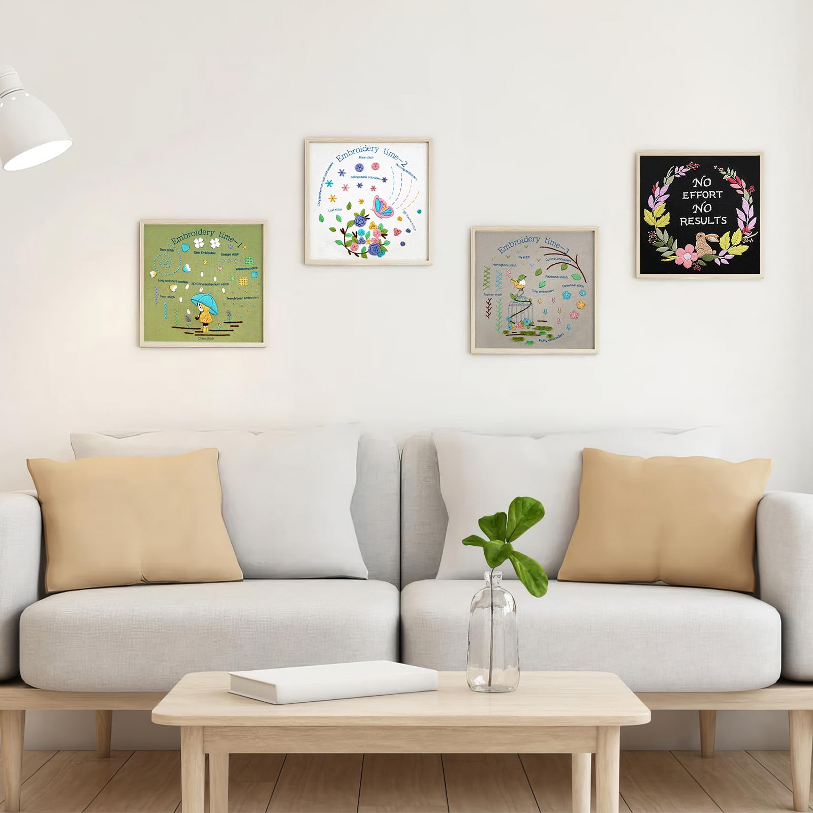 ERKOON Juego de 4 juegos de bordado para principiantes, adultos y niños, incluye tela de punto de cruz con motivos simples, aro, hilos de color, herramientas, diferentes puntadas estampadas,