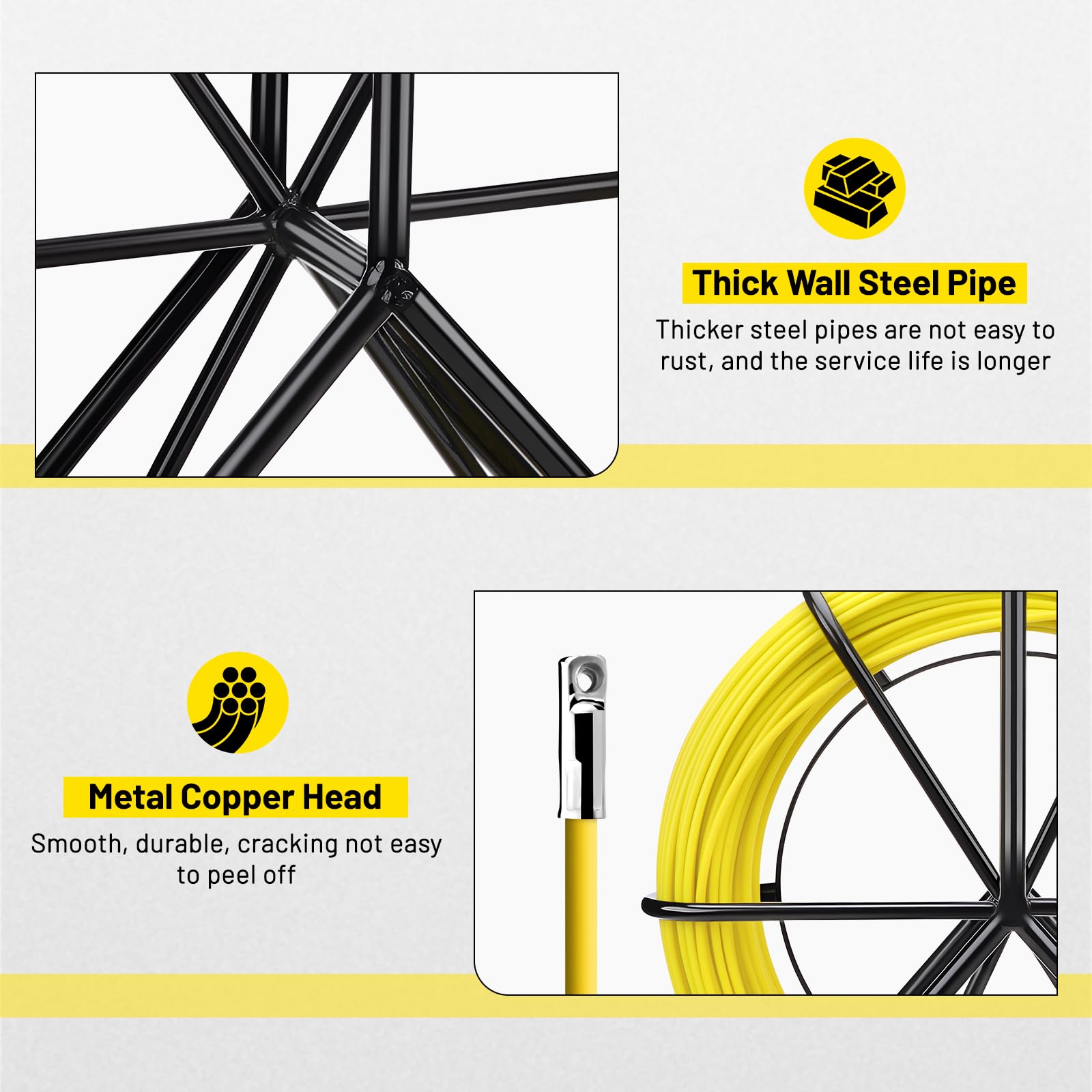 KAOLALI Tige en fibre de verre, bande de poisson, câble en fibre de verre, fil de traction, fil pointu, câble de traction, avec support en acier, enfile-câble