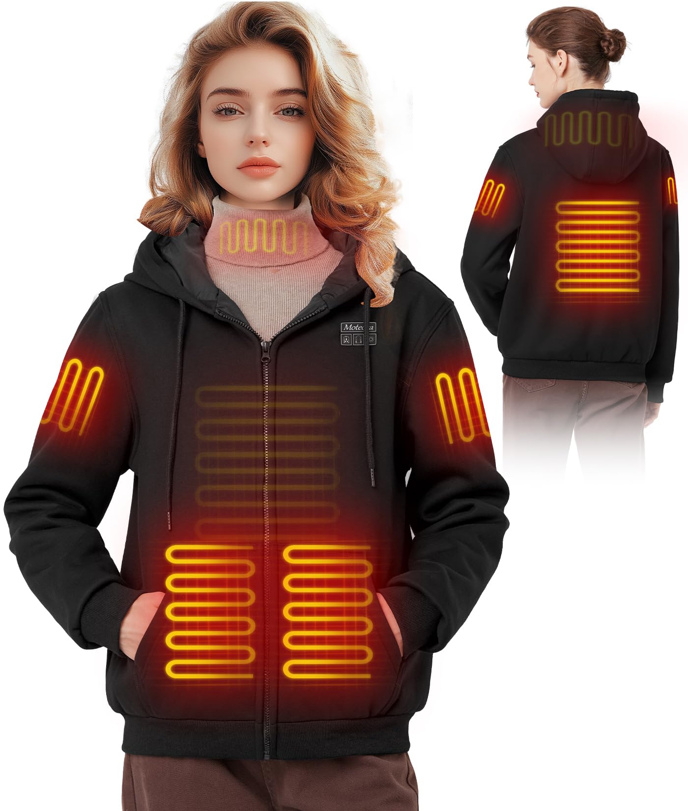 Beheizbarer Hoodie für Damen mit Fleece-Futter 7.4V 16000mAh Akku & 6 Heizzonen 3 Temperaturstufen Herren-Winter-Sweatshirt-Jacke