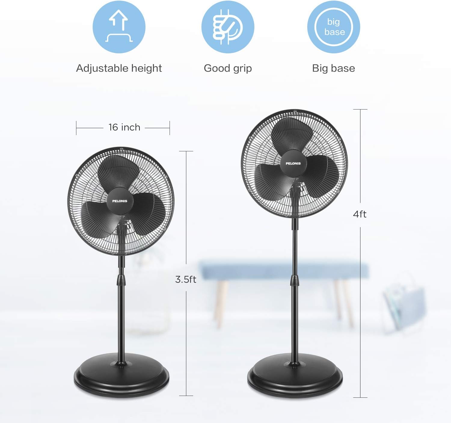 PELONIS PFS40A2ABB 16'' 3-Speed Pedestal, Standing Fan for Home and Office, 85° Oscillation and Adjustable in Height, Black, 16 Inch