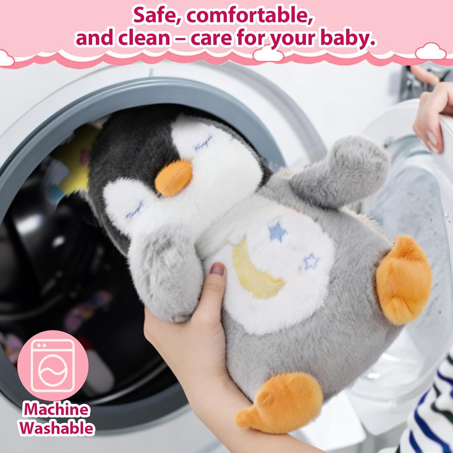 Breathing Stuffed Animal, Soothe Snuggle Penguin Plush for Anxiety Adults and Kids, Volume Control, Machine Washable, Sleep Buddy Soothing Penguin with Realistic Breathing and Lights Music, 4 Modes
