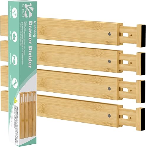 Ruichang Divisor de cajones de cocina de bambú, 4 unidades, 17-22 pulgadas, organizador de cajones ajustable para baño, dormitorio, natural, 2.4
