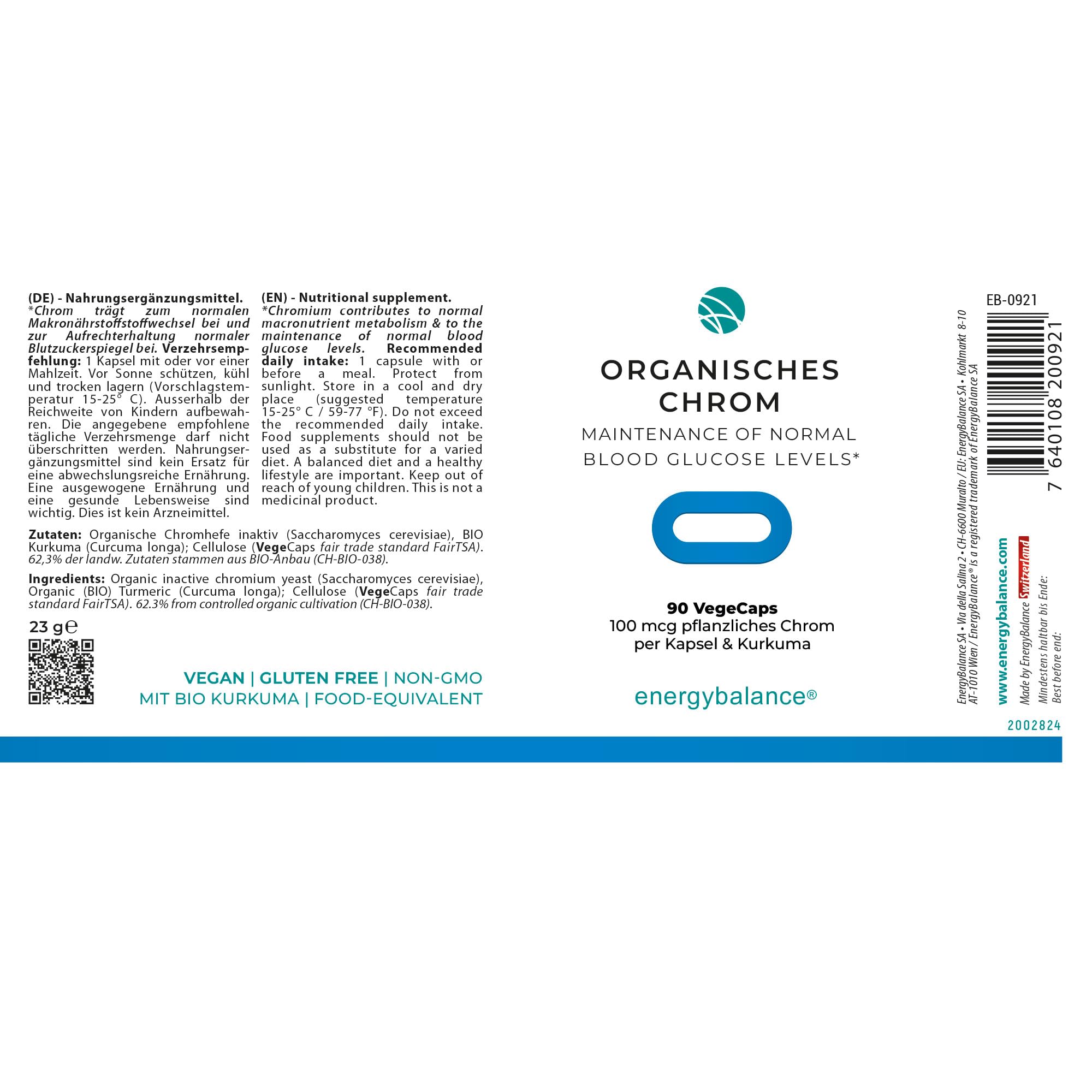 EnergyBalance Chrom Organisch Natural - Kapseln mit Chromhefe und Kurkuma - bei Histaminintoleranz, Blutzuckerspiegel - Vegan, ohne Zusätze - 90 VegeCaps à 100 µg