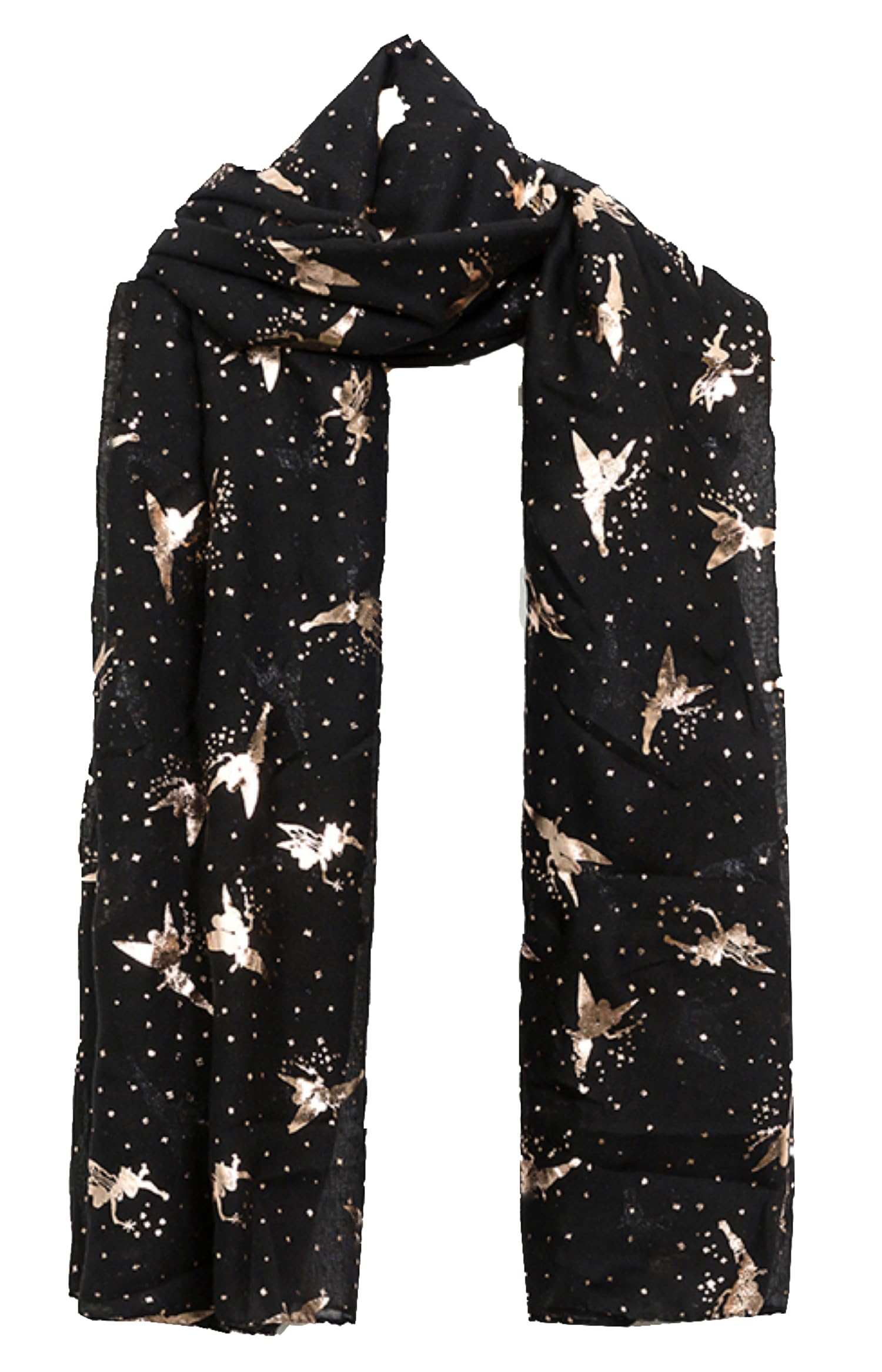 World Of Shawls Women's New Glitter Foil Fairy Black New Glitter Foil Sparkle Print Scarf Scarves (New Glitter Foil Fairy Black)