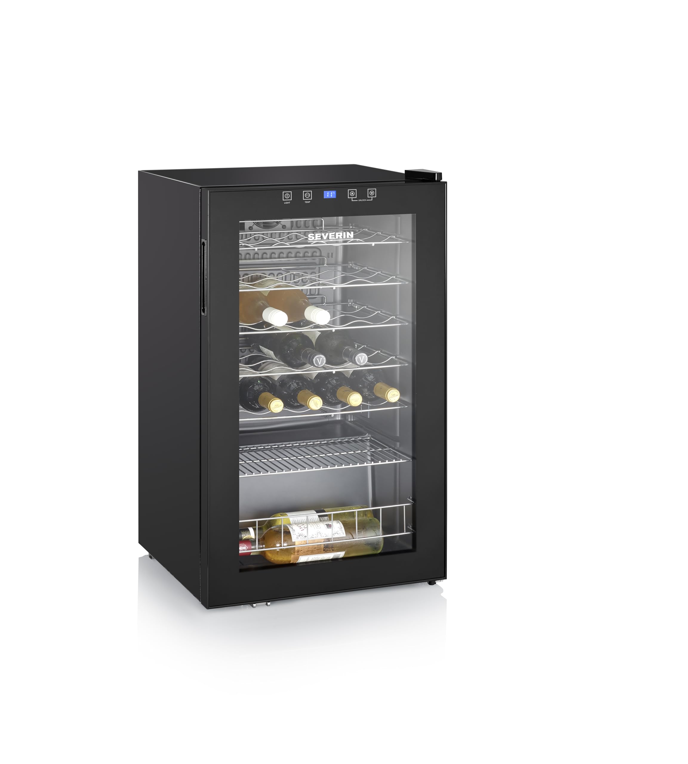 SEVERIN WKS 8908 Vinoteca para 33 Botellas, 95 L, Temperatura: 5° y 18°C, Nivel de Ruido 43 dB(A), Puerta de Cristal y Marco de Plástico y 6 Estantes cromados, 5 de Ellos Regulables en Altura, Negro