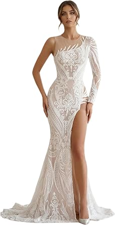 Sparkly Sequined One Shoulder Mermaid Prom Dress Gala Pageant Slit Evening Party Gown