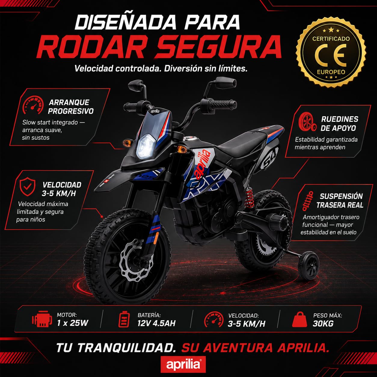 Moto elettrica per bambini 12 V Aprilia RX 125 Cross a batteria per bambini blu con sospensione posteriore luci LED e musica