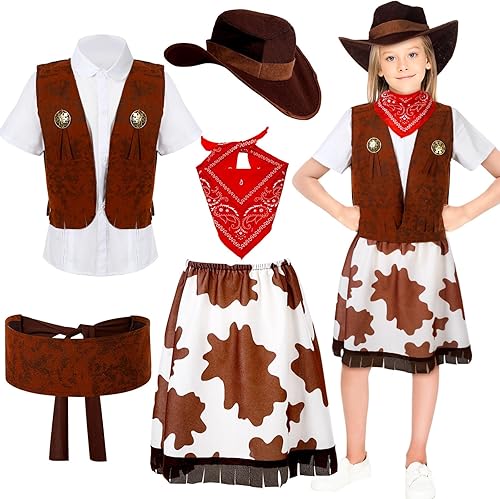 Miniatura 1 de Bonuci 6 piezas de disfraz de vaquera para niñas con sombrero de vaquero bandana, camisas blancas, faldas de vaca, cinturones, chalecos de vaquero,