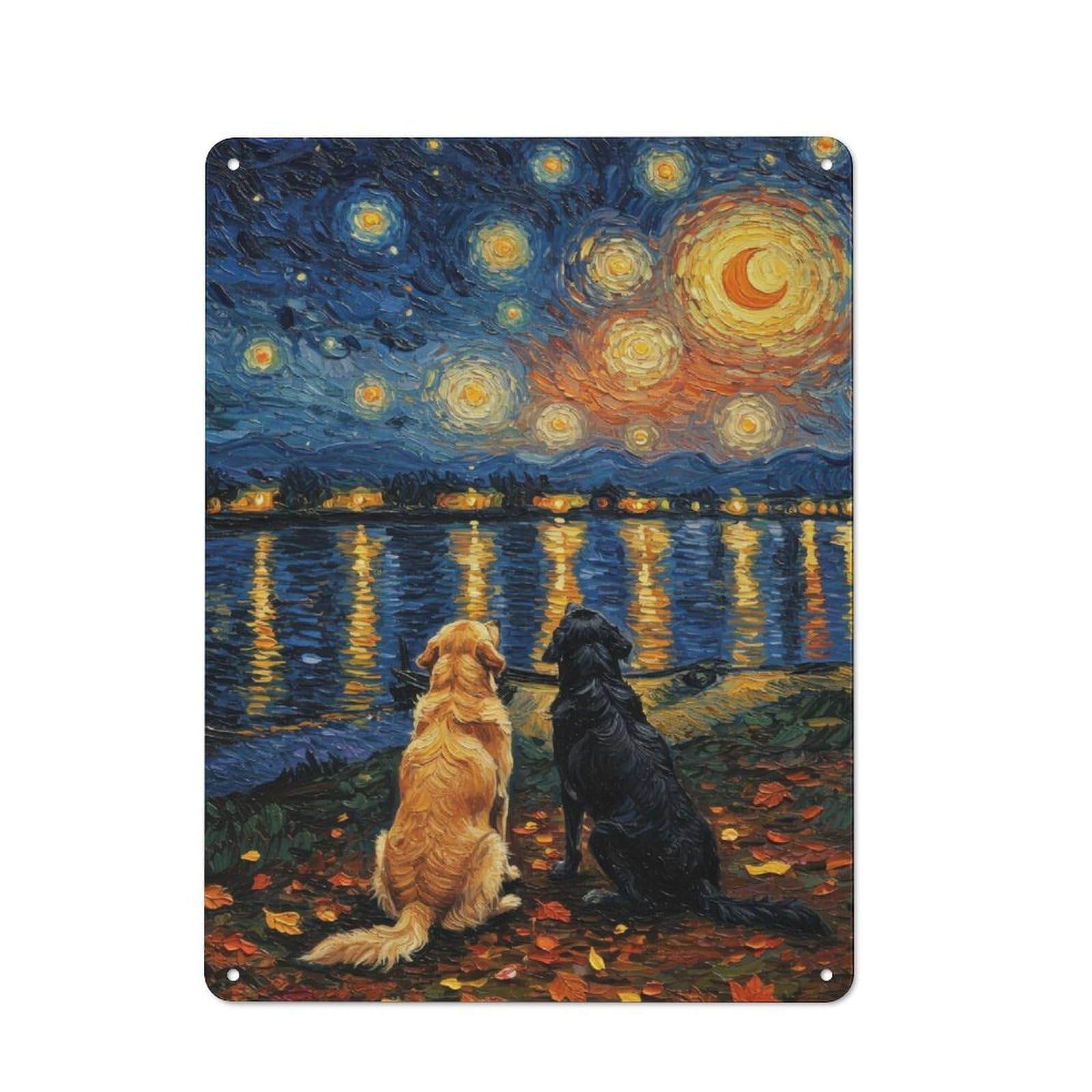 Junmoney Style-8 Industrial Metal Sign With Dogs Under Starry Night Design 40X30cm, Modern Retro Loft Wall Plaque For Workspace, Cafe, Hallway Or Garage