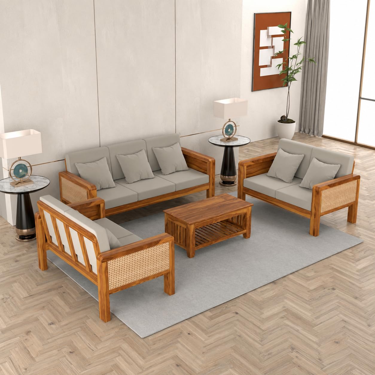 Solid Sheesham Wooden 7 Seater Sofa for Living Room | Solid Wood Sofa with Cane Side Panel | Rosewood Sofa Set for Home & Office | Lounge (Honey)-image-26