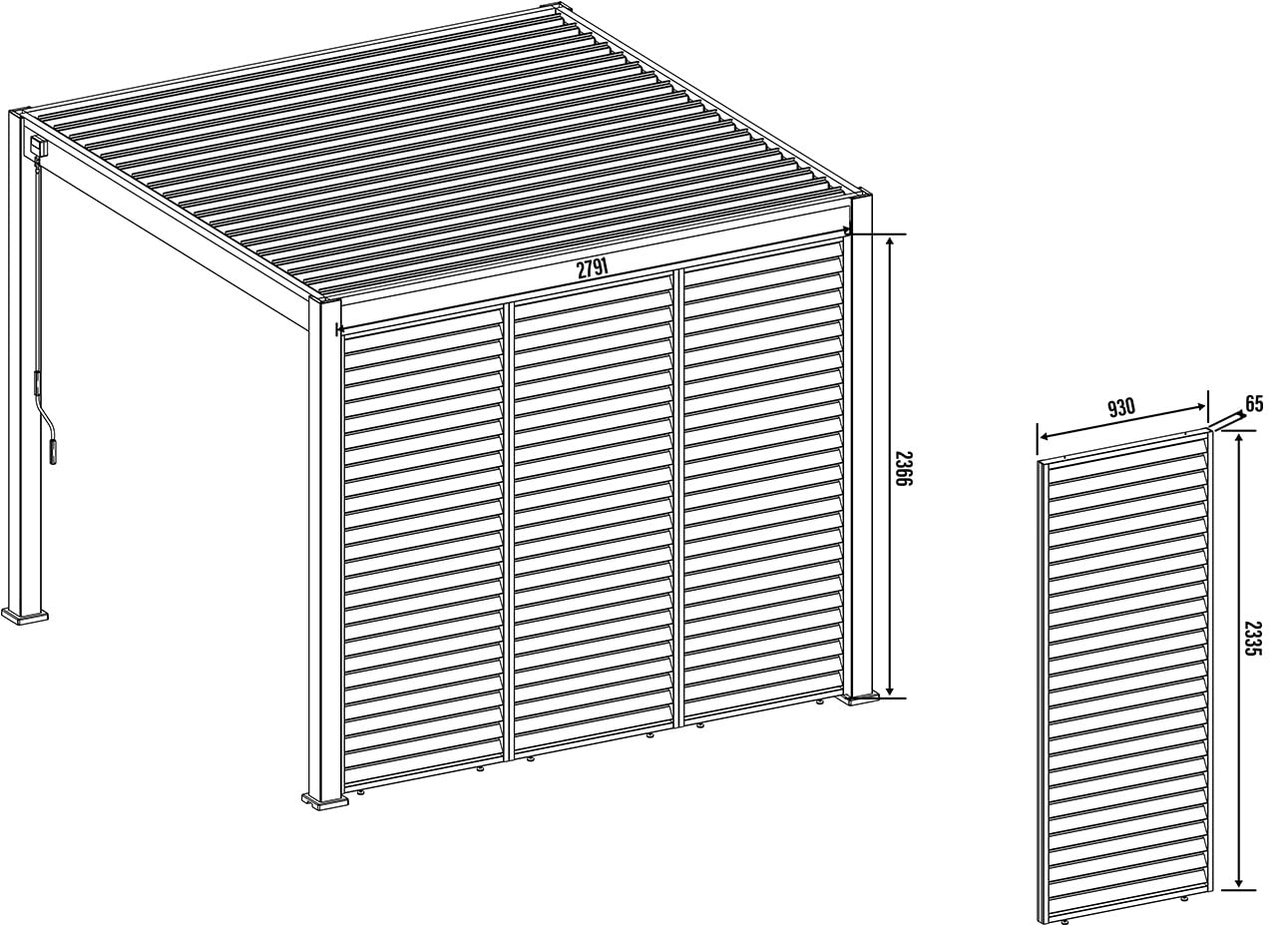 Weide Verstellbare Horizontale Lamellenwand Paneel Zubehör für Weide Pergola | Aluminium | Anthrazit, Holzoptik | 3 Breiten | Flexibler Sichtschutz und optimale Luftzirkulation (Weiß, 93 cm)
