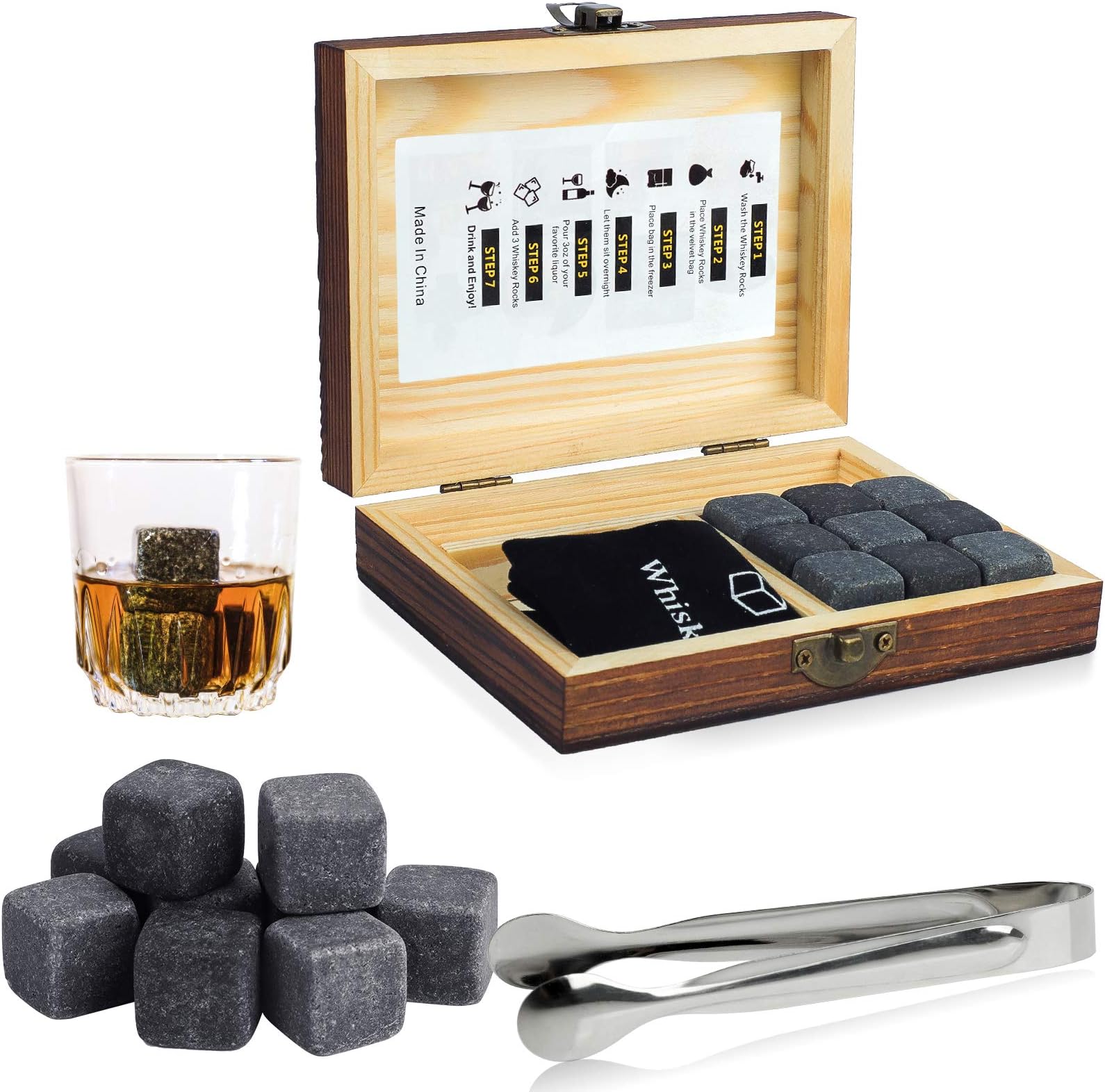 – Whiskey Stones Gift Set,WOVTE 9 pcs Natural Soapstone and Granite Chilling Rocks with Stylish Box,Ice Tongs and Free Velvet Pouch (black, Granite)