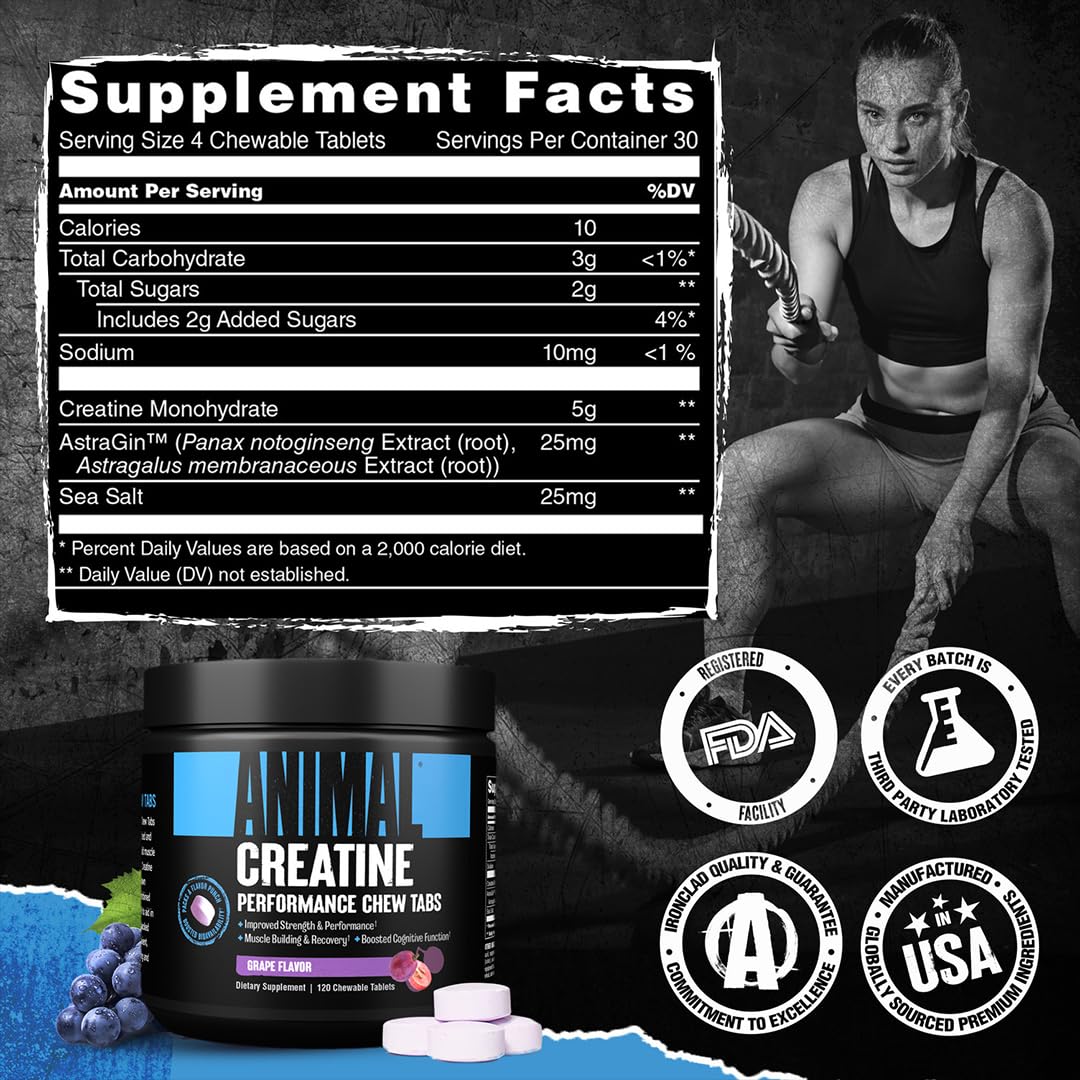 ANIMAL Creatine Performance Chew Tabs Grape - comprimidos masticables con 5 g de monohidrato de creatina por dosis y sal marina para mejorar su efecto - 120 comprimidos