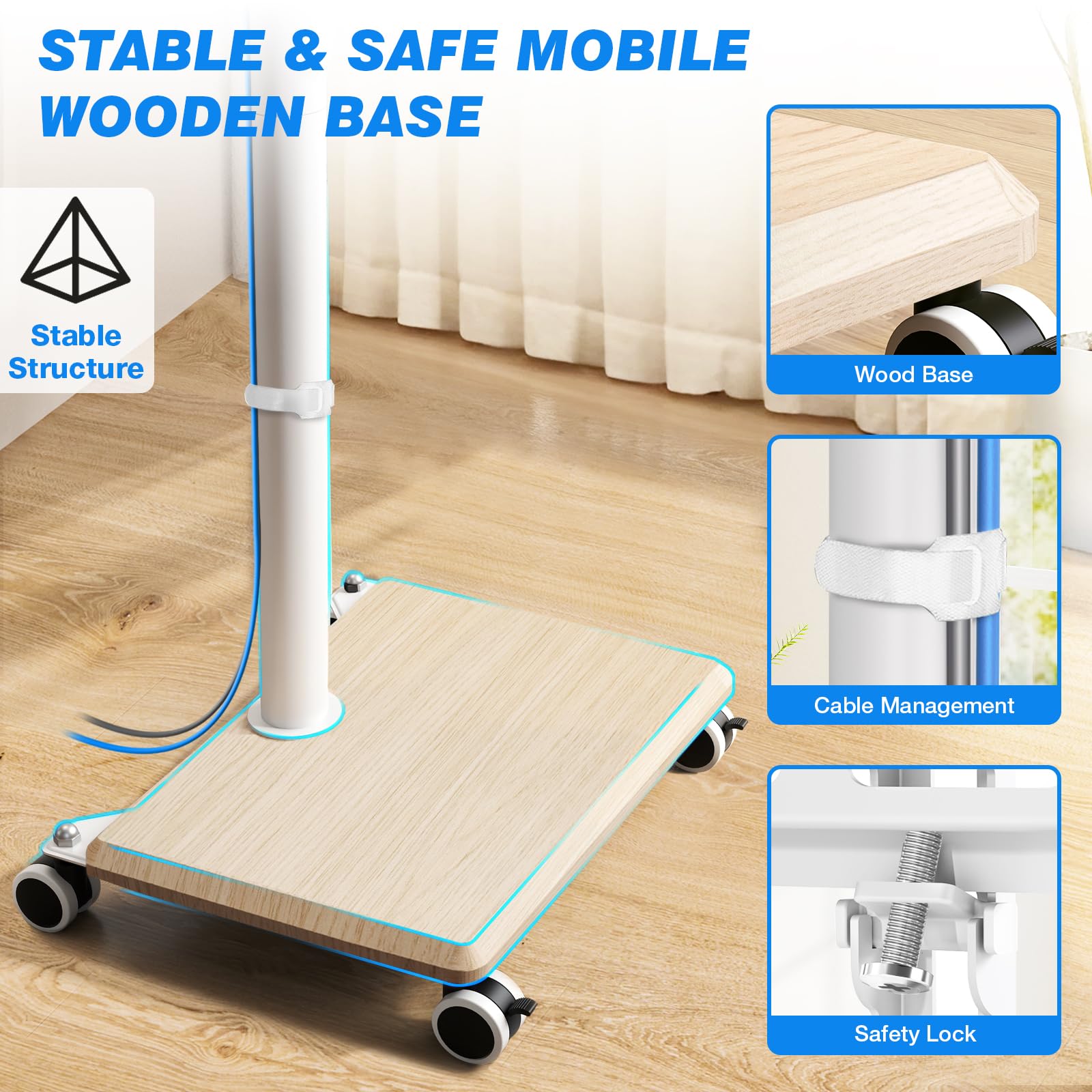 5Rcom Carrello Porta TV con Ruote per TV da 27-55 Pollici, Supporto TV da Pavimento Regolabile in Altezza e Girevole con Base in Legno - VESA Max 400x400mm, Portata Massima 30kg (Beige)