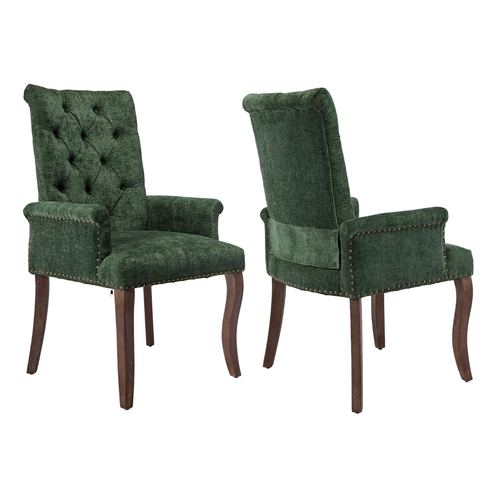 Dining Chairs with Arms Set of 2, Chenille Upholstered Dining Room Chairs with Tufted Back and Solid Wood Legs, Accent Armchairs for Dining Room, Kitchen, Living Room,Olive Green