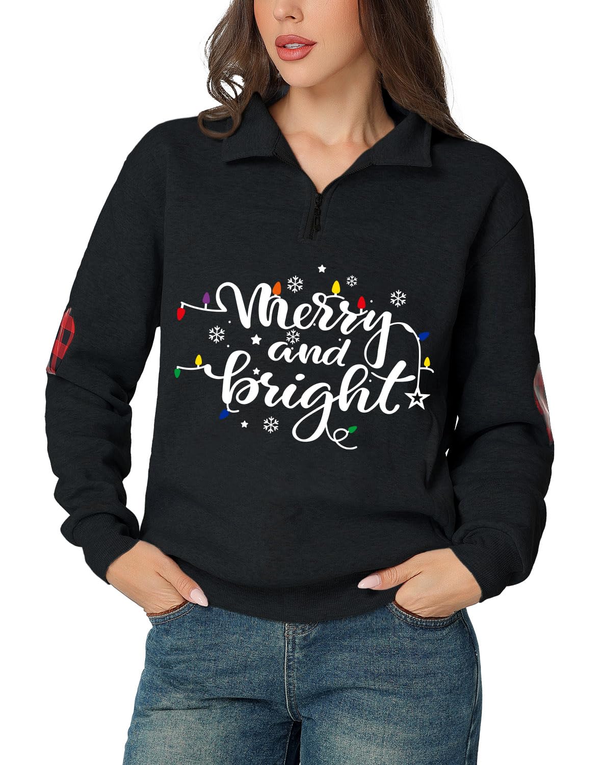 Glimnerize Christmas Womens Xmas Pullover Sweatshirt Funny Graphic Christmas Jumper 1/4 Zip Standing Collar Gnome Hoodie Black-A2 XXL
