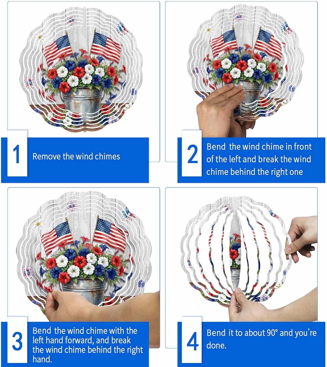 Independence Day 250th Anniversary Wind Spinner for Garden Yard 3D Stainless Steel Hanging Wind Spinners, USA Flag Flowers Spinners Outdoor Metal Decor for Lawn Patio Home