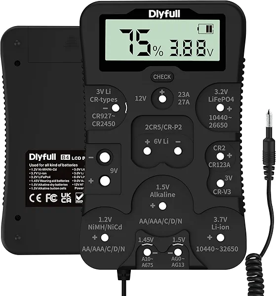 Dlyfull Battery Tester, LCD Display Universal Battery Checker for Ni-MH, Ni-CD, Li-ion, Alk & LiFe04 Batteries(AA AAA C D 9V 12V 18650 CR123A 2CR5 CR2032 Cells), 2X AAA Batteries Included