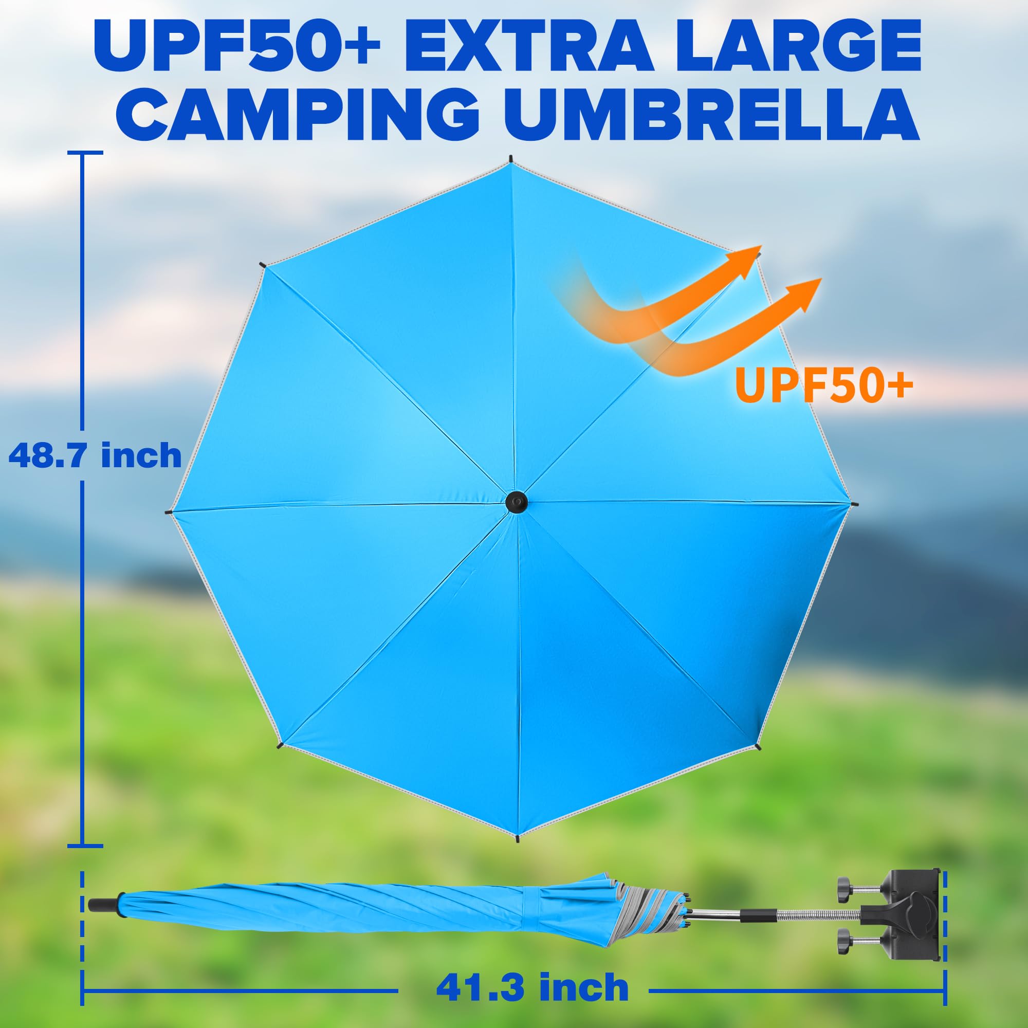 2er-Pack 124cm Sonnenschirm mit Klemme, 360° verstellbar, UPF 50+ UV-Schutz, großer Clip-On Schirm für Strandstuhl, Campingstuhl, Golftrolley und Tisch