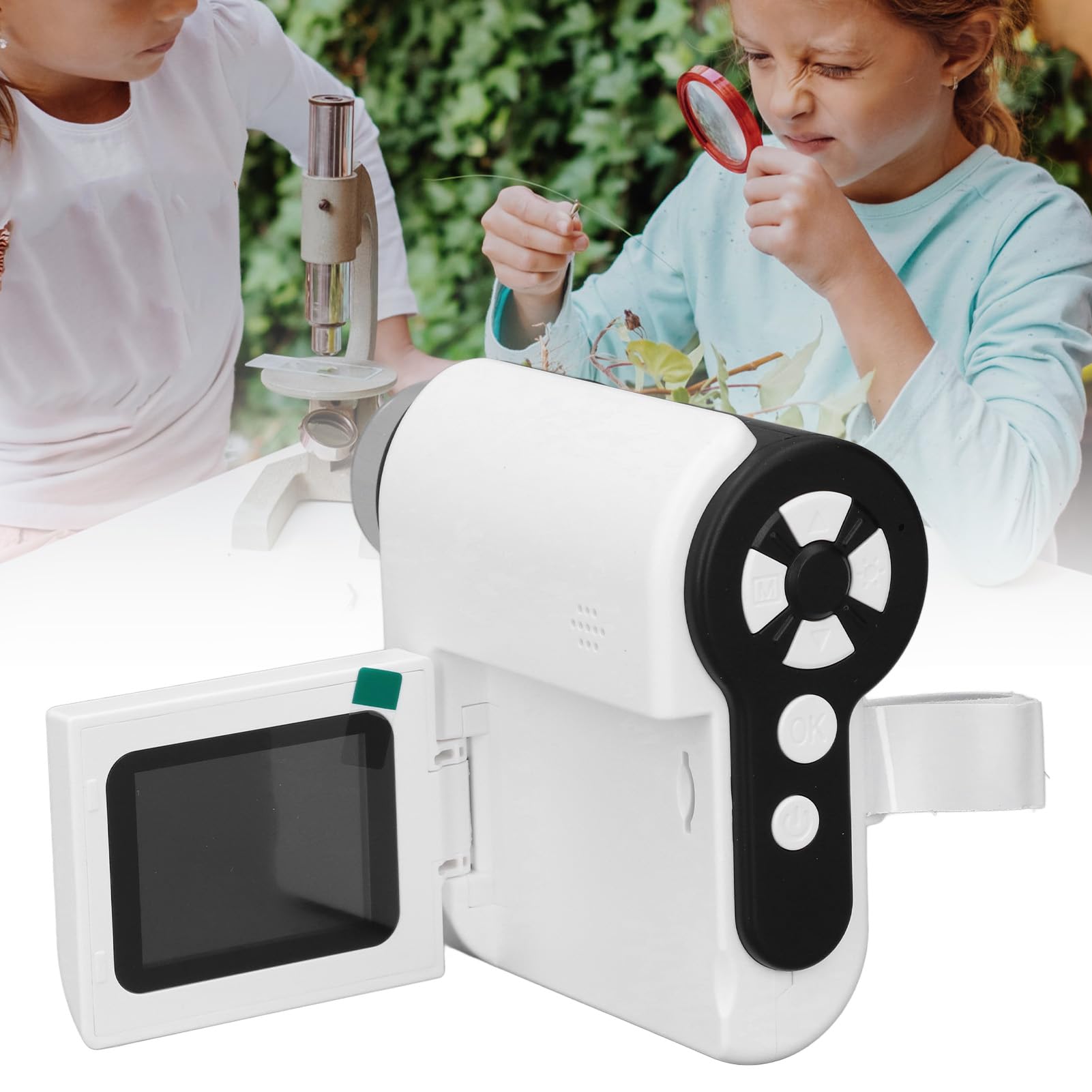 Microscopio tascabile portatile, microscopio studente registrazione video schermo a colori da 2 pollici 6 luci LED per la casa (bianco)