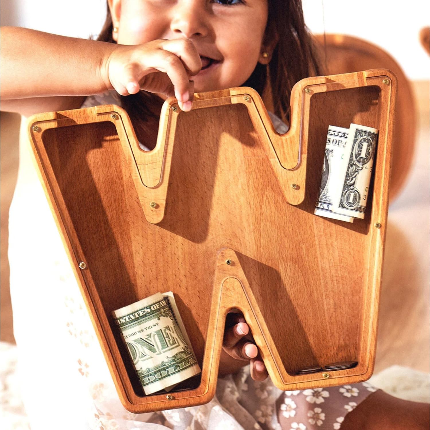 Personalized Wooden Piggy Bank – Custom Letter W Coin Bank in Beech Wood with Clear Acrylic Front, Engraved Name Option, Money Saving Box for Kids and Adults