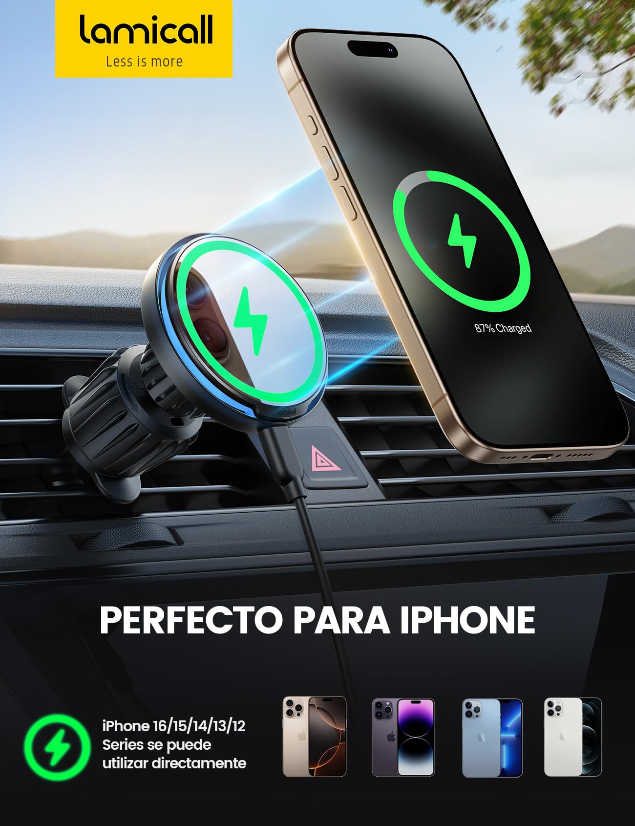 Lamicall 15W Cargador Inalámbrico Coche para MagSafe - [Super Magnetismo] Soporte Movil Coche para MagSafe para Salpicadero y Rejilla de Ventilación, para iPhone Series 17 16 15 14 13 12 11