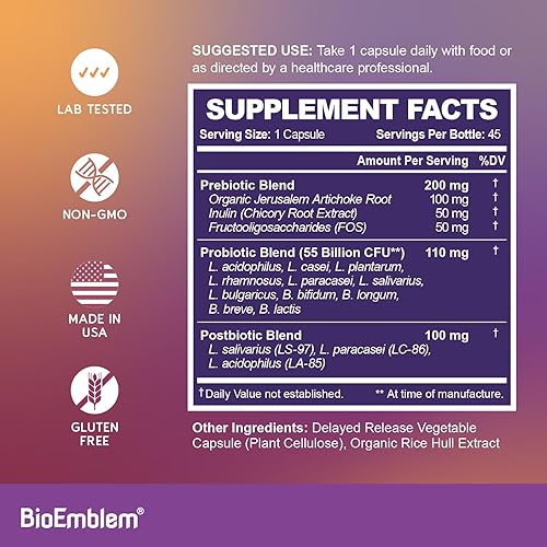 Miniatura 6 de BioEmblem Probióticos para mujeres y hombres  55 mil millones de UFC  11 cepas con prebióticos y postbióticos  Alcachofa de Jerusalén e inulina