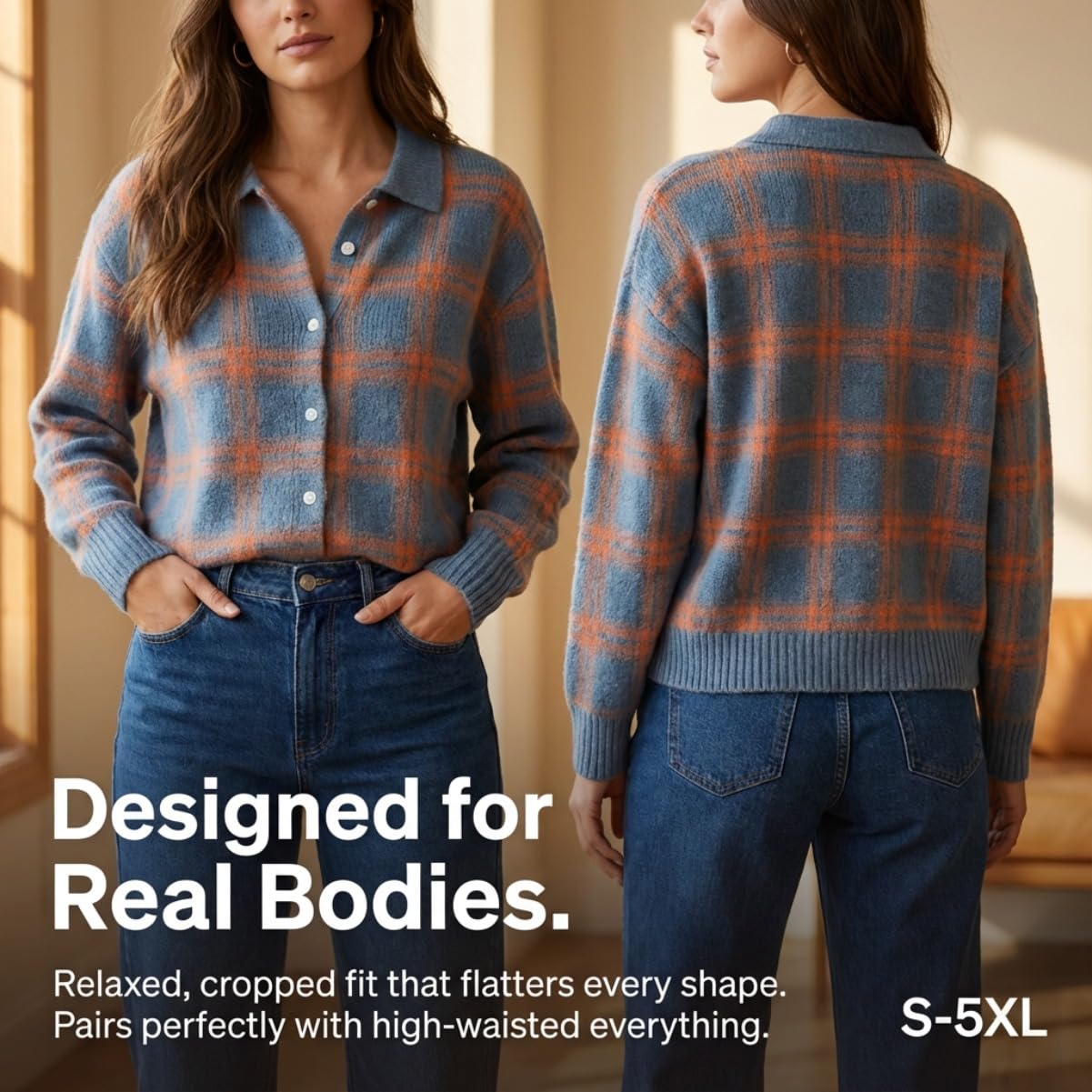 Women's Plaid Cardigan Sweater Cotton Button Up Knit Top Casual Checkered Print Cropped Shirt Collar Winter Soft