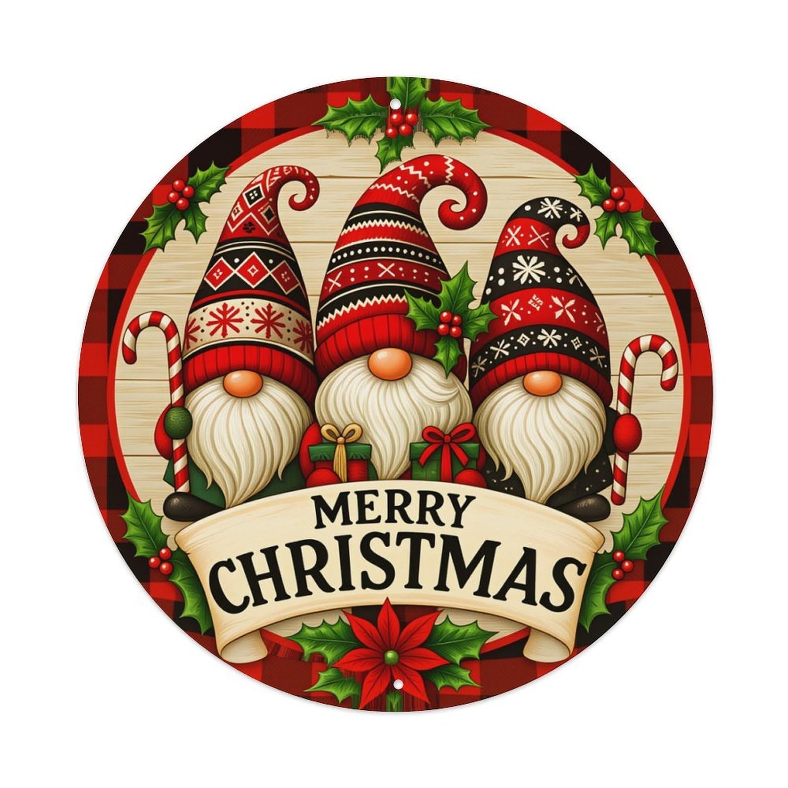 Christmas Gnomes Plaid Background Holiday Decor Round Tin Sign Retro Metal Sign for Cafe Bar Pub Home Game Room Gym Club Wall Decoration Vintage Metal Poster 8x8 Inch