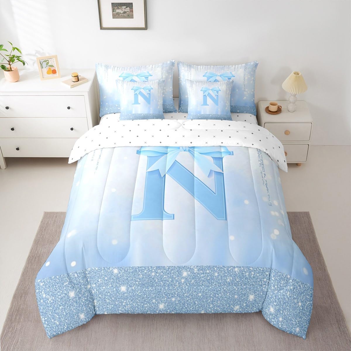 Feelyou Blue Bowknot Comforter Set with Sheets 7 Piece Full Size Initial Letter N Bed in a Bag Kids Boys Girls Princess Glitter Bedding Set Cute Bow Alphabet Breathable Soft