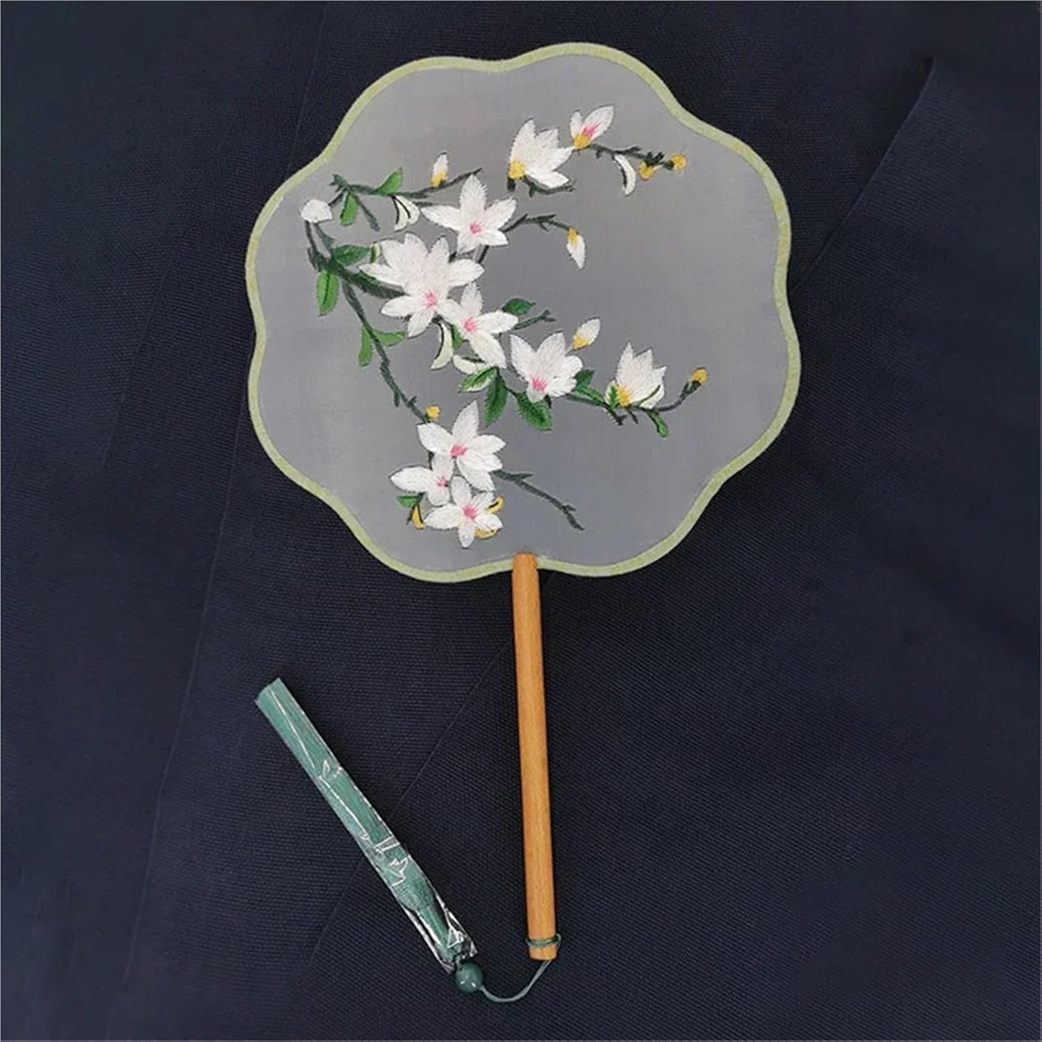 Handheld Embroidered Fans Chinese Ancient Style Long Handle Double Sided Embroidery Machine Embroidery Round Fan