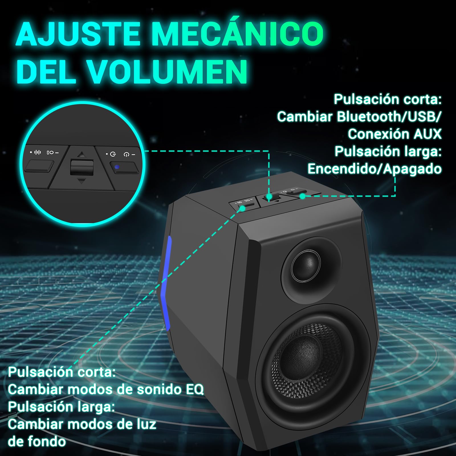 Sanyun SW209 Altavoces Gaming 2.0 36 W, Audio Táctico 3 Modos DSP | Gaming/Cine/Música, DAC 24 bits, USB-C/Bluetooth 5.2/AUX, Driver Fibra Vidrio 7cm + Cúpula Seda 18mm, RGB (Pareja, Negro)