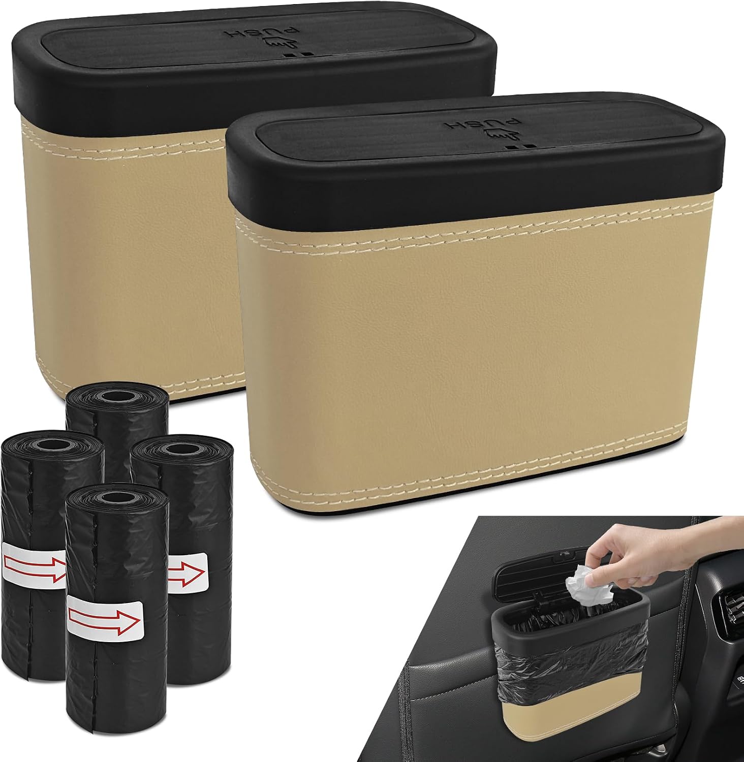2PCS Car Trash Can with Lid, Press-Top Car Trash Bin with 30PCS Cars Trashs Bags, Small Automotive Dustbin Garbage Container Universal Fit Most Cars Office Home (2pcs-Beige)
