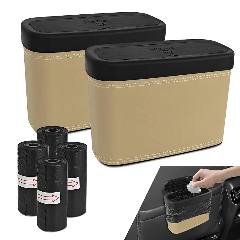 Kit com 2 Lixeiras Automotivas com Tampa Press-Top Surosha, Revestimento em Couro e 30 Sacos para Carro, Bege