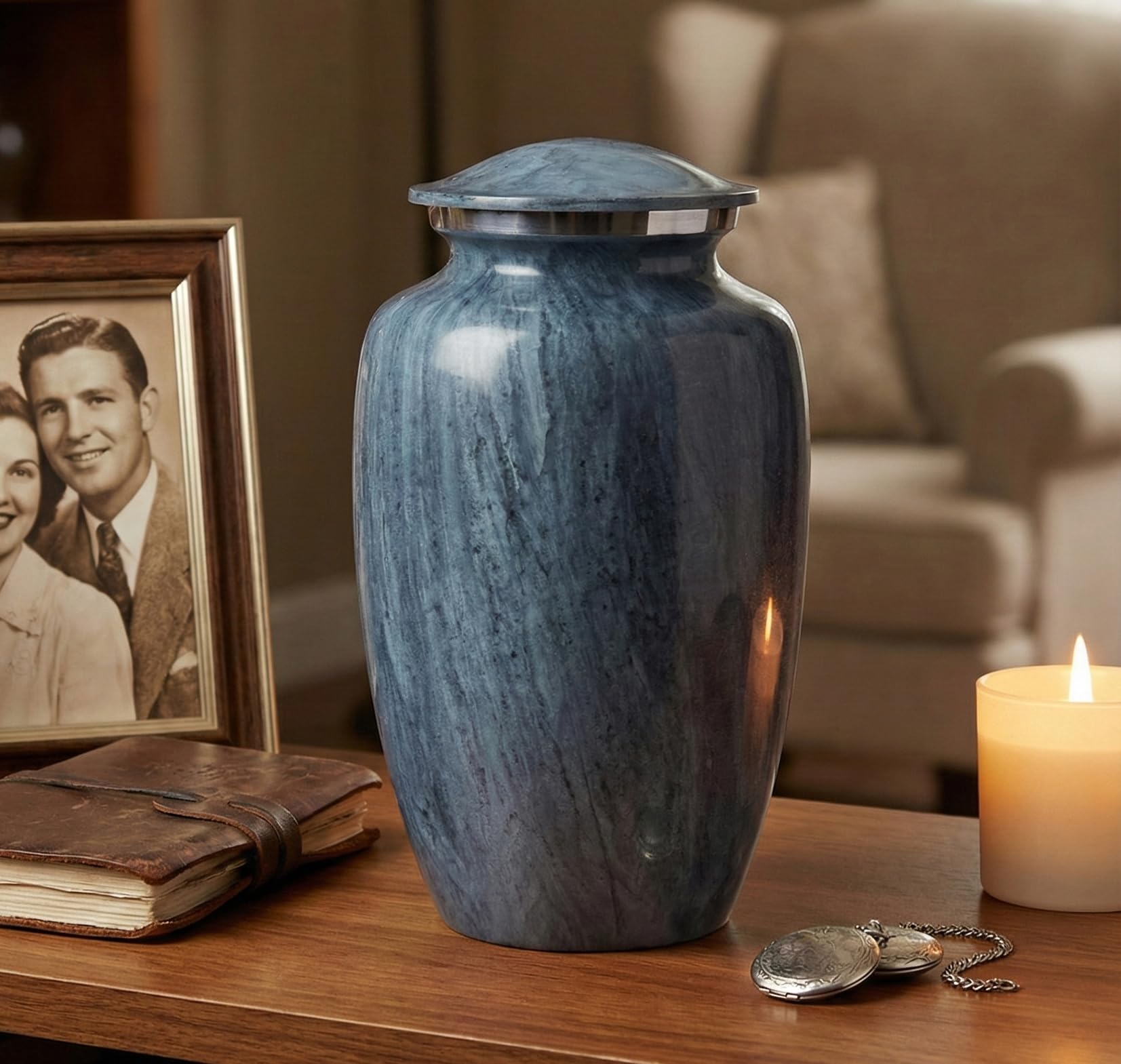 Esplanade Grey Metal Cremation Urn Memorial Jar Pot Container | Full Size Printed Urn For Funeral Ashes Burial | Metal Urns | - 10" Inches