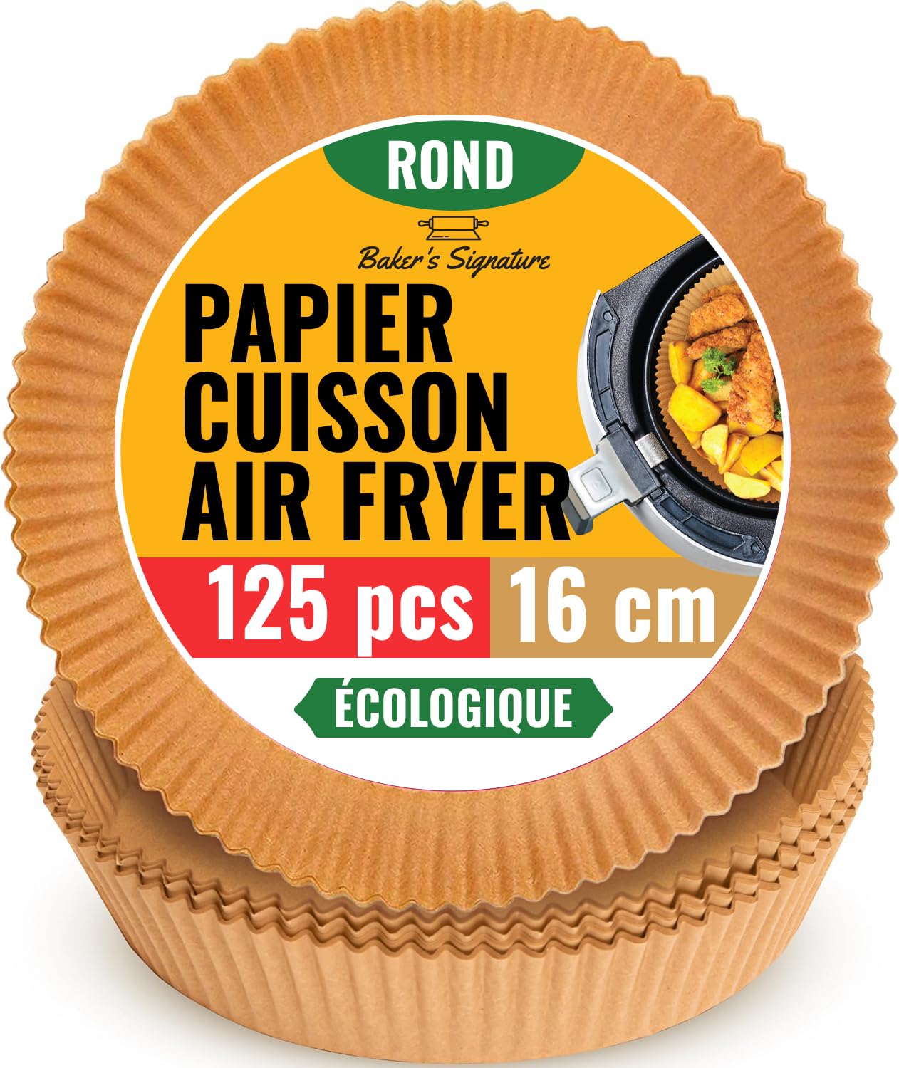 Papier Cuisson Air Fryer, 125 Feuilles Jetables – 16 CM, Rondes, Accessoires Compatibles Ninja, Philips, Xiaomi, Cosori, Autres – Moule Papier Sulfurisé, Facile à Nettoyer par Baker's Signature