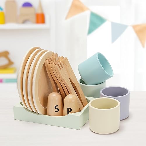 Miniatura 6 de Juego de platos de juguete de madera para niños pequeños, juego de cubiertos y accesorios de cocina para niños, juego de rol, regalo de comida para